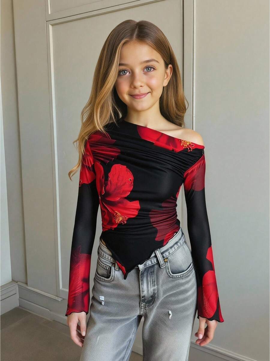 Firerie Kids Firerie Kids 少女不对称肩部扎染印花针织上衣,休闲时尚,百搭,春夏新品,可与母女、姐妹装搭配;露肩上衣;少女黑色和红色玫瑰花不对称领口T恤 - 黑色 - 查看 1