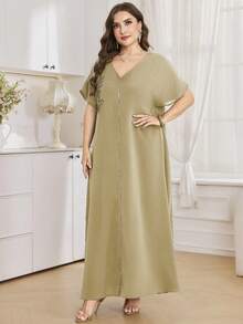 Al Najma Vestido largo de manga corta de unicolor, talla grande, estilo turco y árabe para mujeres - Caqui - Ver 6