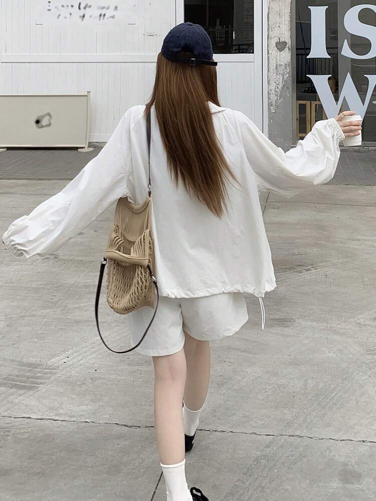 Women's Casual Long Sleeve Loose Jacket And Shorts Two Pieces Set