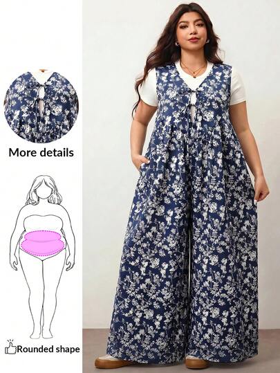 Enliva Bộ áo liền quần ống rộng in họa tiết dành cho nữ cỡ lớn, buộc dây phía trước, có túi, dáng rộng, phù hợp với dáng người quả táo đầy đặn.