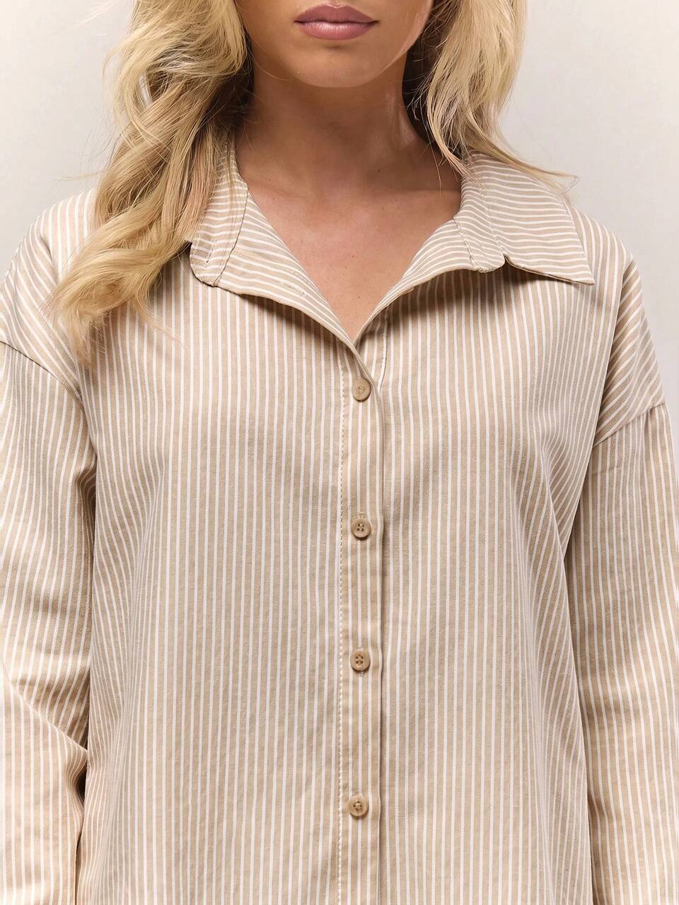 Oversized Pinstripe Button Down Long Line Beige Shirt For Women, Striped, Autumn, Casual, Office Elegant Holiday Top