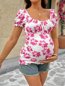 Lyckli Maternity Floral Print Short Sleeve T-Shirt - Pink - View 5