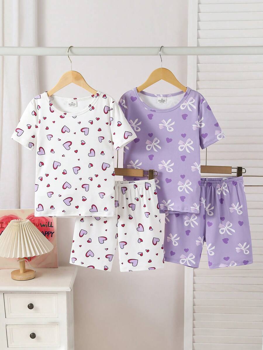 4pcs Girls Elastic Knit Short Sleeve Shorts Pajama Set With Bow & Heart Design, Comfortable & Soft, Best Gift For Teenage Girls - Purple - View 1