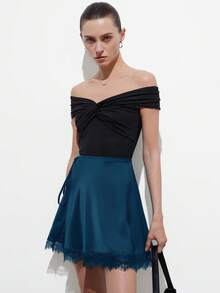 Aveloria Modichic Women's New Low-Waist Satin Solid Color Lace Patchwork Wrap Skirt Tea Party Date Night Teal Blue Autumn Elegant Sexy - Blue - View 2