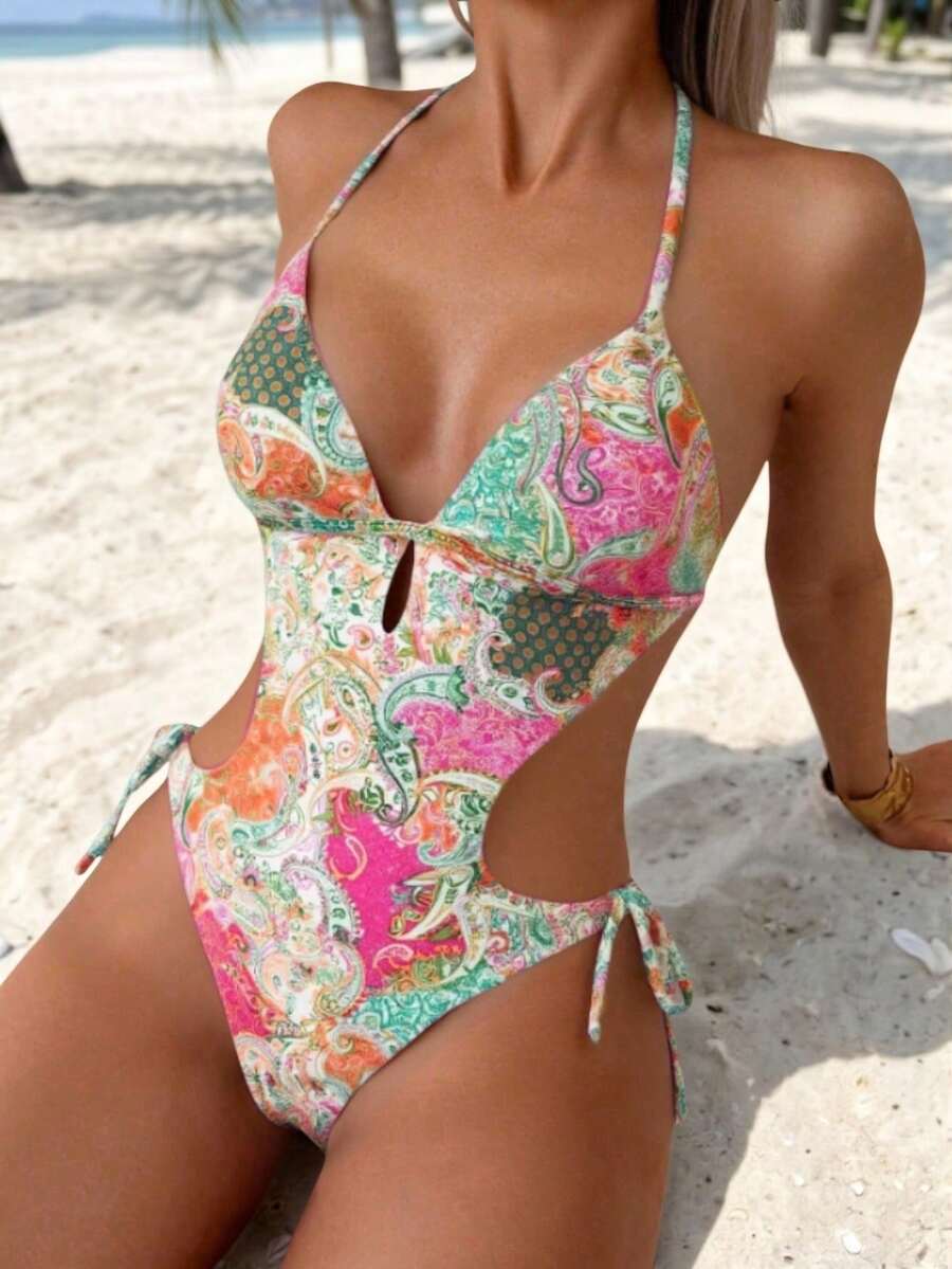 Swim Vcay Áo tắm liền thân kiểu Bohemian in họa tiết, cổ yếm khoét rỗng, gợi cảm dành cho nữ, thích hợp cho kỳ nghỉ hè ở bãi biển. - Nhiều màu - Xem 1