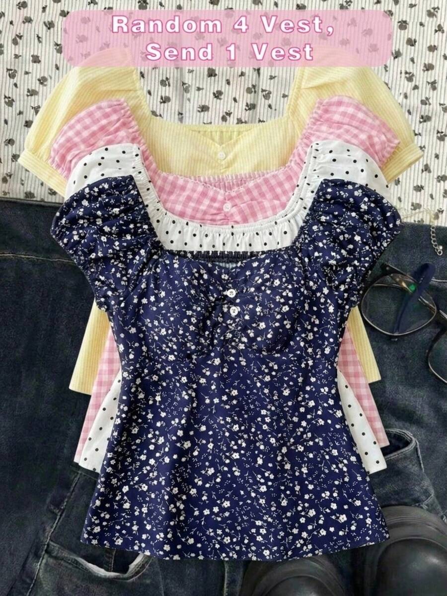 SHEIN Camiseta sin mangas con cuello cuadrado y manga de pétalo con estampado floral diminuto, casual y versátil para adolescentes - Rojo - Ver 1