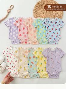 SHEIN Bộ 4 món áo liền quần tay ngắn dệt kim hình thỏ hoạt hình và hoa dễ thương cho bé gái sơ sinh, thích hợp cho mùa hè. - Nhiều màu - Xem 1