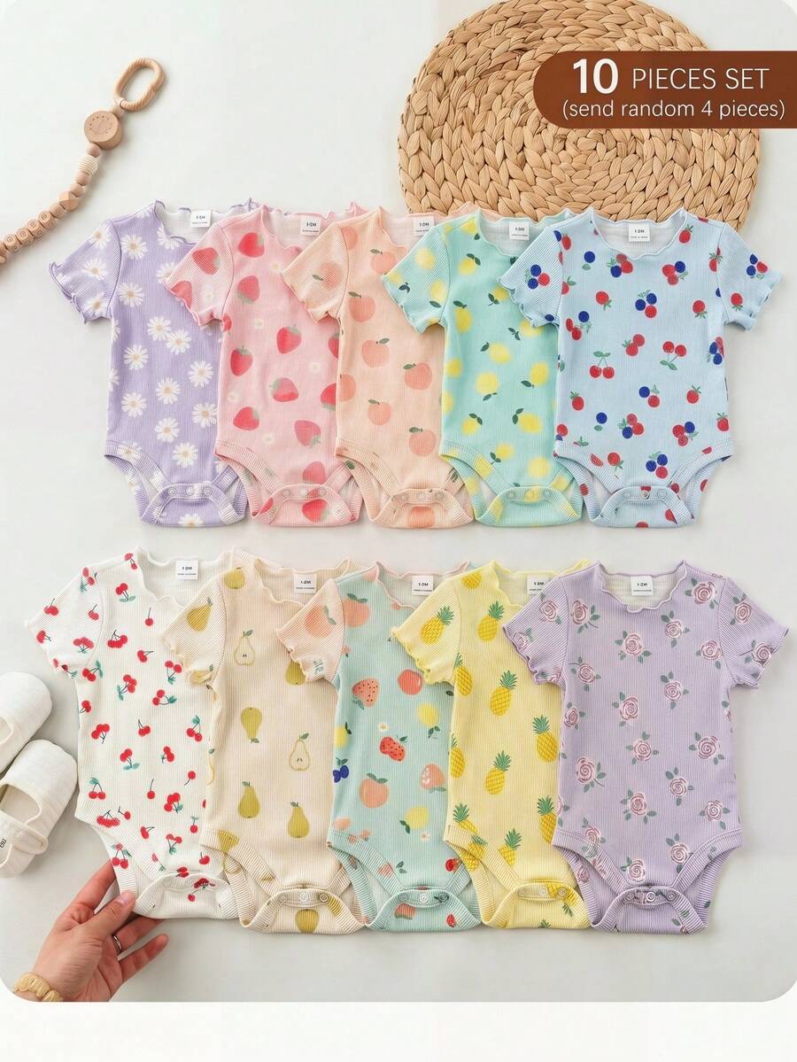 SHEIN Bộ 4 món áo liền quần tay ngắn dệt kim hình thỏ hoạt hình và hoa dễ thương cho bé gái sơ sinh, thích hợp cho mùa hè. - Nhiều màu - Xem 1