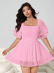 Solflare Plus Size Women Solid Color Square Neck Raglan Sleeve Casual Jumpsuit - Pink - View 2