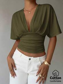 Aloruh Ivory Deep V Ruched Short Sleeve Tight Bottom Loose Top T-Shirt For Women,Summer Top - Army Green - View 3