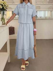 DAZY Spring/Summer Women's Elegant Lace Patchwork Pocket Shirt And Skirt 2 Pieces Set - Blue - View 5