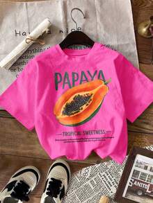 DrmWander Plus Size Round Neck Short Sleeve Casual Papaya Print T-Shirt, Versatile For Summer - Hot Pink - View 3