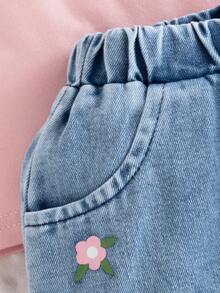 SHEIN Vintaside Kids 女宝宝（女）时尚甜美可爱街头风粉色吊带上衣，饰有3D立体花朵，搭配蓝色水洗牛仔迷你裙，花卉刺绣套装，夏季 - 彩色 - 查看 5