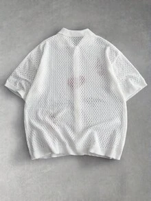 ROMWE MEN Street Life 男士夏季休闲度假日常通勤时尚街头扑克牌印花镂空短袖针织上衣 - 杏色 - 查看 2