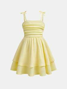 SHEIN Đầm chữ A xếp lớp bằng vải lưới, màu vàng nhạt, dễ thương, thanh lịch, có dây đeo mảnh và nơ ở eo, thích hợp cho bé gái tuổi teen/thiếu niên đi chơi, dự tiệc, mùa xuân/hè, kỳ nghỉ và các dịp lễ. - Màu vàng - Xem 5