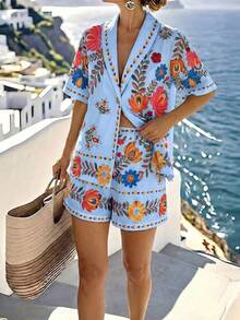 Louniche Light Blue Floral Two Pieces Set,Summer Boho Short-Sleeve Blazer & Shorts,Beach Vacation Holiday,Gold Button Accents,Colorful Prints Casual Outfits - Multicolor - View 1