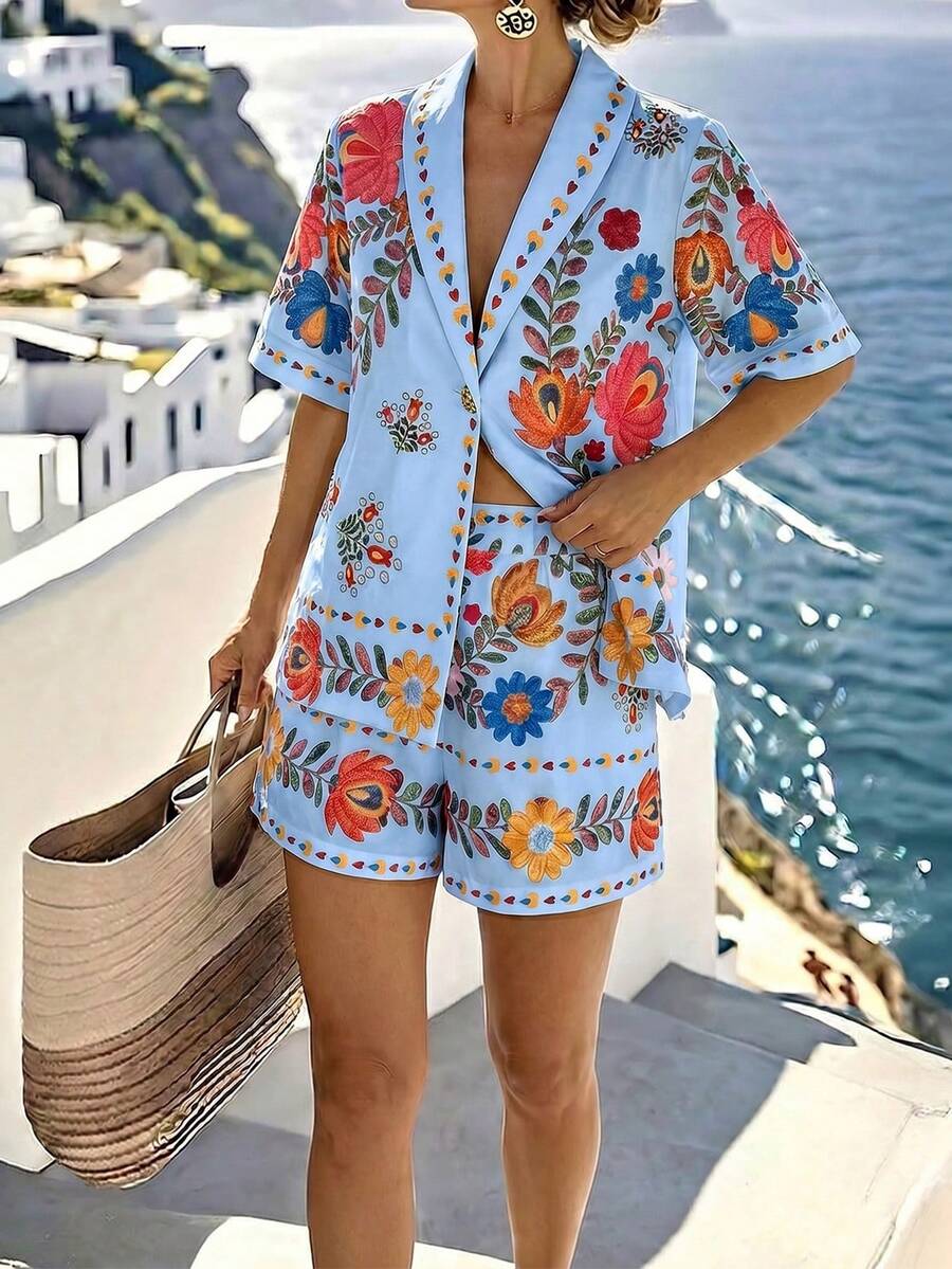 Louniche Light Blue Floral Two Pieces Set,Summer Boho Short-Sleeve Blazer & Shorts,Beach Vacation Holiday,Gold Button Accents,Colorful Prints Casual Outfits - Multicolor - View 1