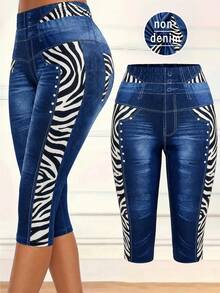 Ellevyn Quần legging nữ cạp cao hiệu ứng denim họa tiết ngựa vằn dài 7/8 - Màu xanh lam - Xem 1