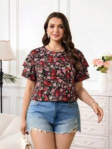 Reflora Plus Size Women Floral Print Round Neck Ruffle Sleeve Casual Shirt - Multicolor - View 5