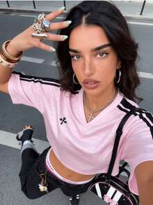 Muchica Women's  Jersey Contrast Color Striped Houndstooth Print Cropped T-Shirt, Collegiate Style - Pink - View 5