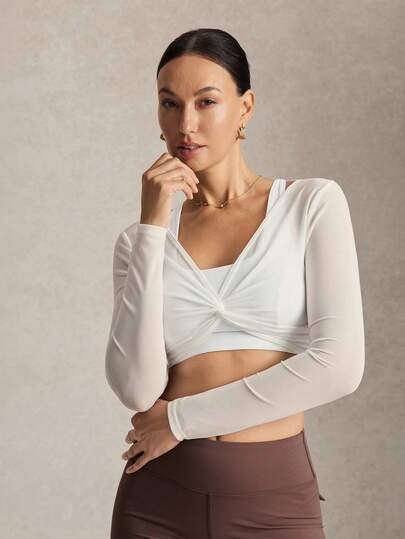 Activina Women's White Twist Sheer Long Sleeve Sports T-Shirt, Suitable For Ballet, Yoga, Pilates