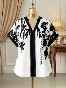 SHEIN Clasi Plus Size Women Plant Print V-Neck Short Batwing Sleeve Blouse - Multicolor - View 1