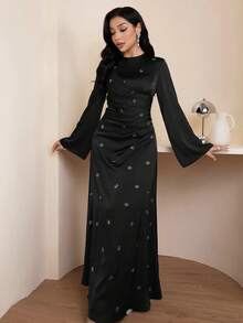 Veilorie 女士长袖连衣裙，饰有水钻 - 黑色 - 查看 5