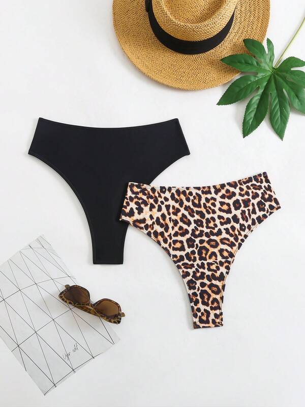 Swim SXY Women's Leopard Print & Solid Color High Waist Bikini Bottoms, 2Pcs/Set Summer