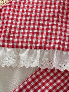 Emery Rose Kids Emery Rose Kids 2pcs Young Girl Woven Contrast Color Plaid Ruffle Trim Casual Vest And Pants Set - Red - View 5