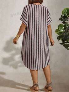Linhara CURVE Plus Size Women's Knitted Jacquard Contrast Stripe Round Neck Short Sleeve Pullover Dress,Dusty Pink,Summer,Boho,Vacation,Holiday,Mid-Length - Pink - View 2