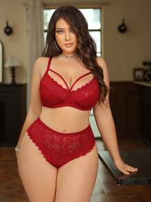 SHEIN 2pcs Set Bra & Celana Dalam Berkawat Transparan Warna Polos Motif Renda Ukuran Plus, Set Pakaian Dalam Merah, Set Pakaian Dalam Merah Marun, Set Bra dan Celana Dalam yang Serasi, Pengangkat Payudara - Burgundy - View 4
