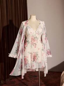 Slumberist Plus Size Sexy Sheer Floral Mesh Robe With Lace Trim Lightweight Nightgown Set With Belt - White - View 8