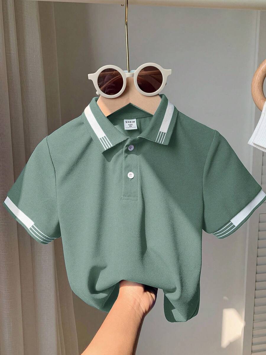 SHEIN 男童休闲有领短袖 Polo 衫 - 綠色 - 查看 1