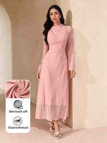 Graceveil Women's French Style Dusty Pink Mesh Maxi Dress, High Neck Flare Sleeve Slim-Fit Long Formal Evening Gown Tea Party Autumn Modest - Pink - View 2