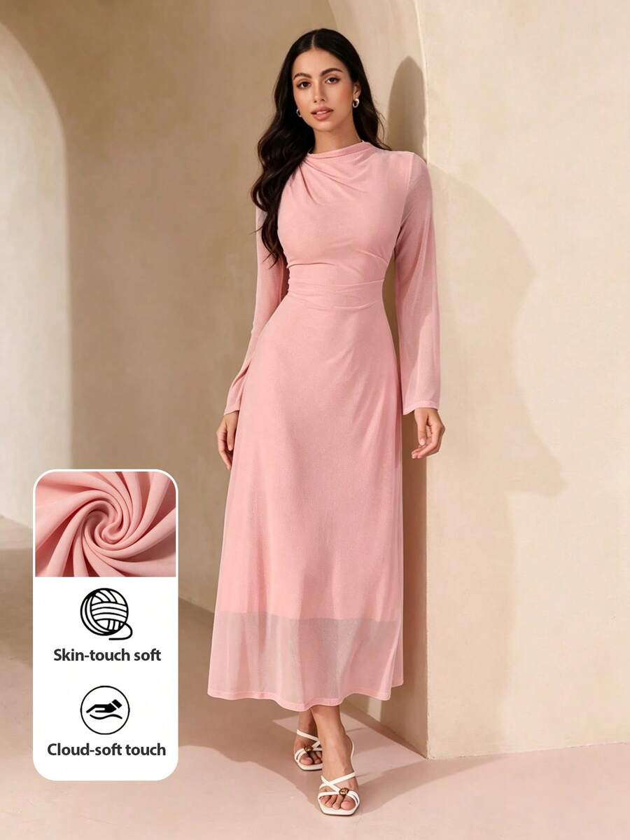Graceveil Women's French Style Dusty Pink Mesh Maxi Dress, High Neck Flare Sleeve Slim-Fit Long Formal Evening Gown Tea Party Autumn Modest