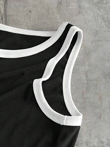 AXEPEAK Men's Contrast Trim Crew Neck Sleeveless Casual Versatile Tank Top, Summer - Black - View 7