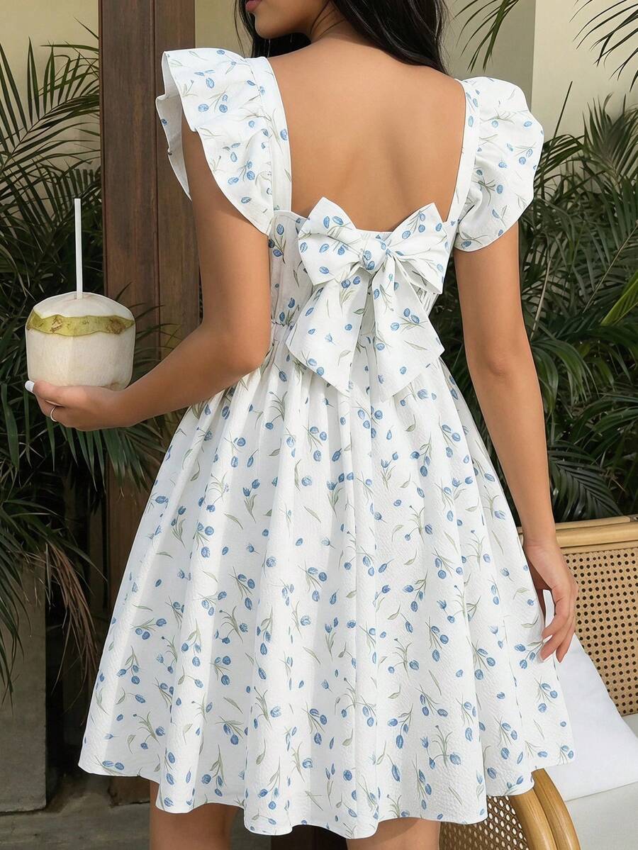 SHEIN Đầm cổ yếm in họa tiết, phong cách thường ngày, thanh lịch dành cho bé gái tuổi teen, thích hợp cho kỳ nghỉ. - Xanh và trắng - Xem 1