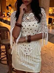 Selianne Women's Casual Boho Vacation Crochet Sequin Embellished Tasseled Hem Knit Top Beach Cream Summer - White - View 4