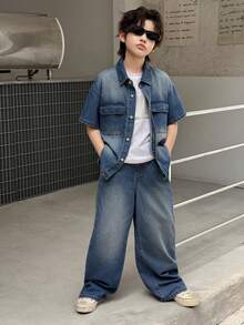 DAZY Boys' Denim Collared Short Sleeve Jacket + Straight Leg Pants Casual Suit (Plus Size) - Medium Wash - View 7