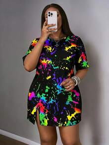 Slaydiva Plus Size Tie-Dye Print Round Neck Summer Short Sleeve Dress, Suitable For Party - Multicolor - View 4