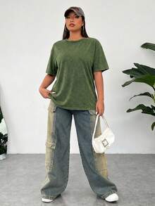 Solflare Kaos Lengan Pendek Longgar Rajut Vintage dengan Tampilan Cuci Asam Ukuran Besar, Hijau Zaitun - Dark Green - View 6