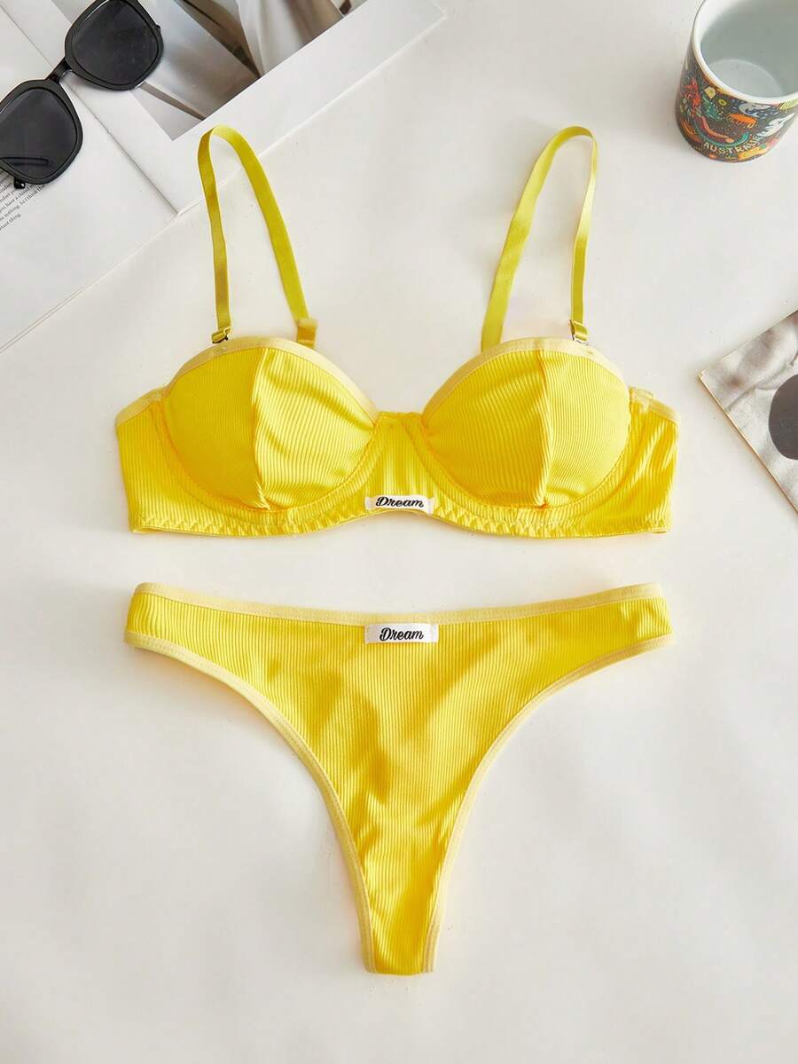 Lowkey Lull 两件套钢圈半罩杯提拉聚拢简约舒适高弹高支撑女士文胸套装 - 黃色 - 查看 1