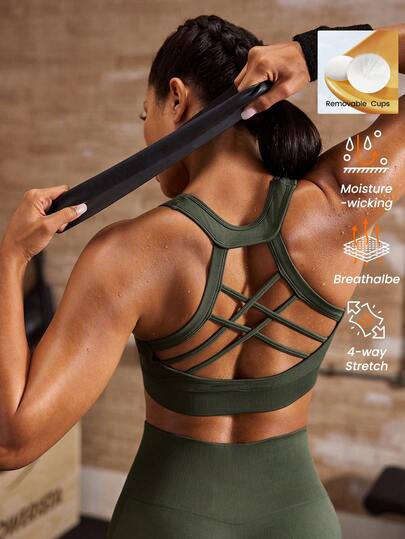  Powerista Women's Solid Color Casual Versatile Daily Wear Sports Bra Women's Contrast Color High Intensity Sports Bra Y3k Seksi Chic For Daily Wear Yoga Yoga Studio Tennis Gym Indoor Outdoor Active Olive Green Casual Daily Fitness Sports Bra Removable Pads