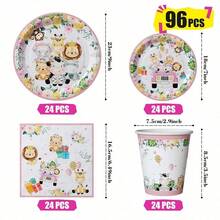 Platos, servilletas y vasos desechables con borde rosa y animales de la jungla, set de suministros para fiestas, sirve a 24 personas, vajilla de papel desechable para fiestas, adecuado para cumpleaños, bodas, fiestas temáticas, picnics familiares. - Ver 7