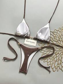 Swim Vcay Women's Solid Color Shiny Fabric Spaghetti Strap Metal Decor Beach Vacation Bikini Set - Brown - View 6