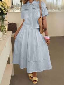 DAZY Spring/Summer Women's Elegant Lace Patchwork Pocket Shirt And Skirt 2 Pieces Set - Blue - View 2