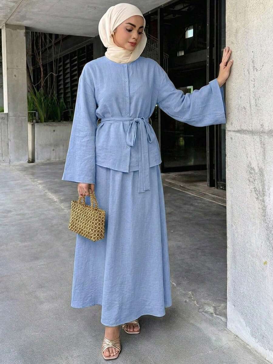 DAZY Setelan 2 Potong Musim Semi Kasual Longgar Elegan: Kemeja Pullover dan Rok Panjang untuk Wanita - Biru - View 1