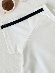 SHEIN 女嬰 2件/套 春季女童休閒運動日常風格 寬鬆刺繡裝飾套裝，短澎澎袖圓領上衣&條紋裝飾長褲 - 白色 - 查看 3