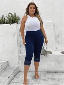EMERY ROSE Plus Size Women Lace Patchwork Casual Versatile Daily Wear Leggings - Navy Blue - View 4