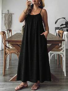 SHEIN LUNE 大尺碼女款度假百褶設計休閒吊帶洋裝 節慶穿搭女款 節慶洋裝 沙灘洋裝 度假穿搭女款 度假洋裝 夏季女款洋裝 母親節度假穿搭女款 夏季女裝 夏季穿搭女款 - 黑色 - 查看 10